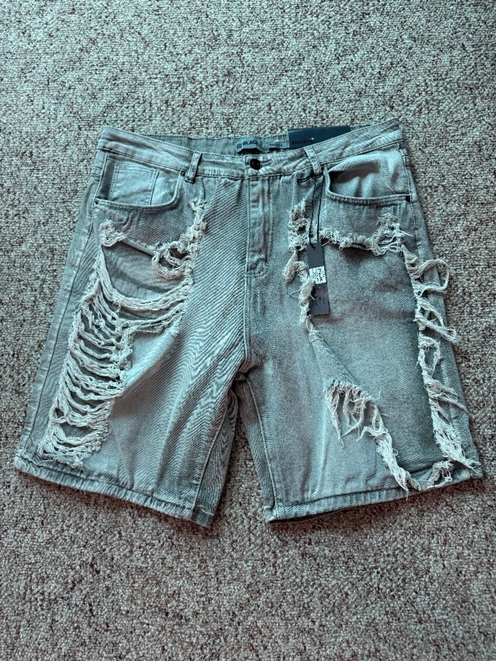 TRACK Men's Washed Distressed Denim Ripped Shorts 12" Size 38 W